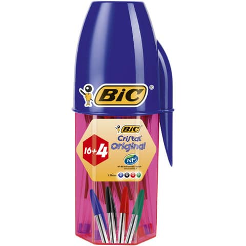 Penne a sfera con cappuccio BIC Cristal Original 1 mm - colori assortiti - astuccio portapenne da 20 pezzi - 929081